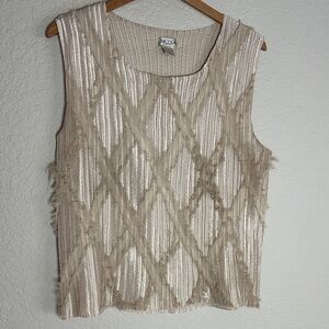 Nicola Textured Beige Sleeveless Top Pleated Accordion Shimmer Diagonal Mesh 3X